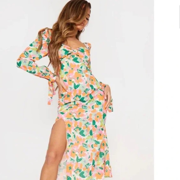 Pretty Little Thing Orange and Green Long Sleeve Floral Midi Dress Tik Tok - Picture 1 of 16